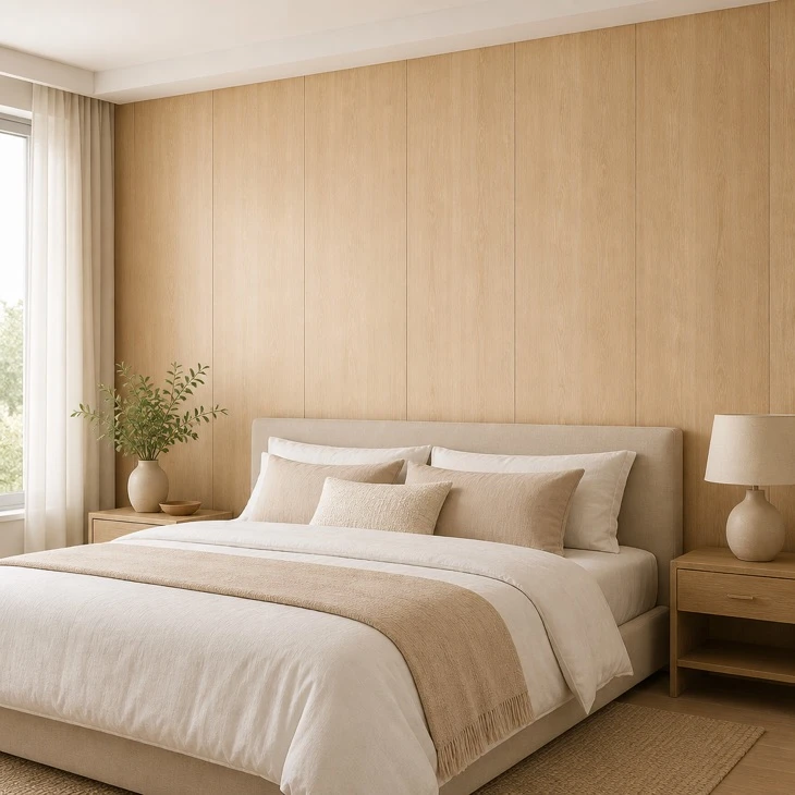 PVC wall cladding bedroom headboard wall warm oak