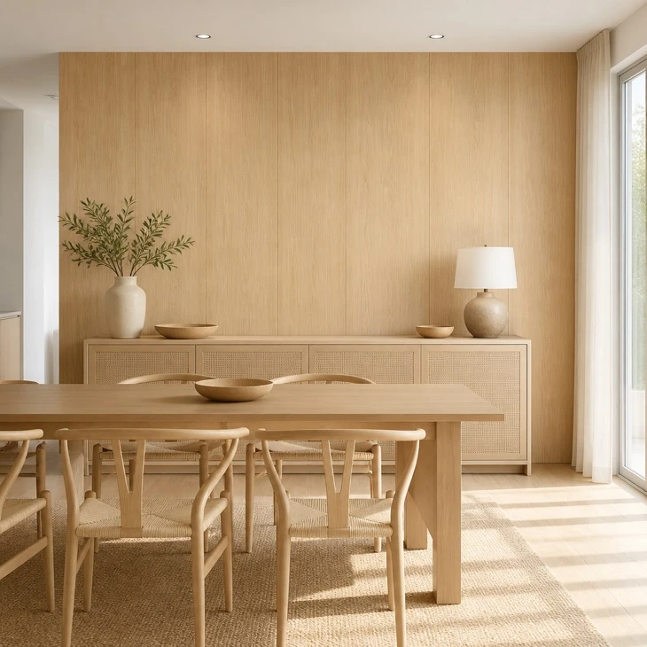 PVC wall cladding dining room accent wall warm oak